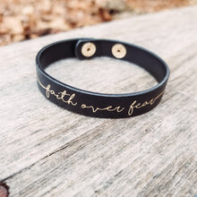 Load image into Gallery viewer, Black Faith Over Fear Leather Bracelet